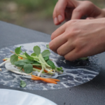 Na zdjęciu dłonie, które za zmoczonym papierze ryżowym układają pokrojone warzywa i zioła.