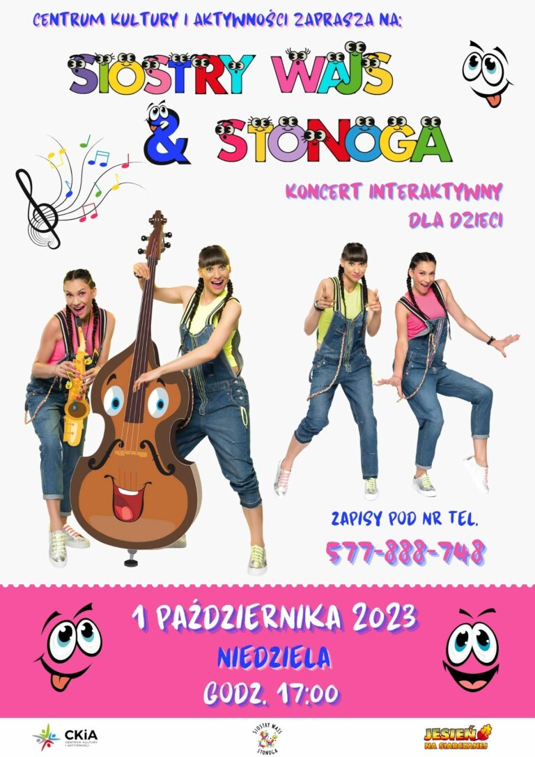 Grafika promująca koncert dla dzieci, który odbędzie się 1 października 2023 roku w Centrum Kultury i Aktywności w Warszawie, przy ulicy Siarczanej 6, o godzinie 17:00. Wstęp wyłącznie po zapisaniu się pod numerem telefonu 577-888-748.
